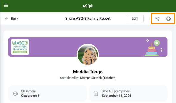 Share and print icons at the top of the Family Report