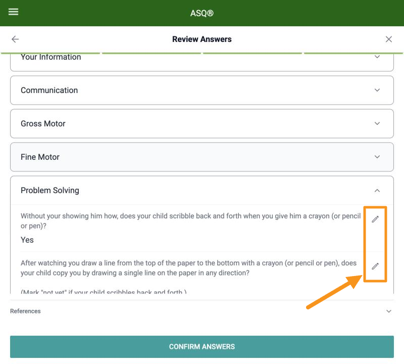 Review Answers, with the pencil icons highlighted